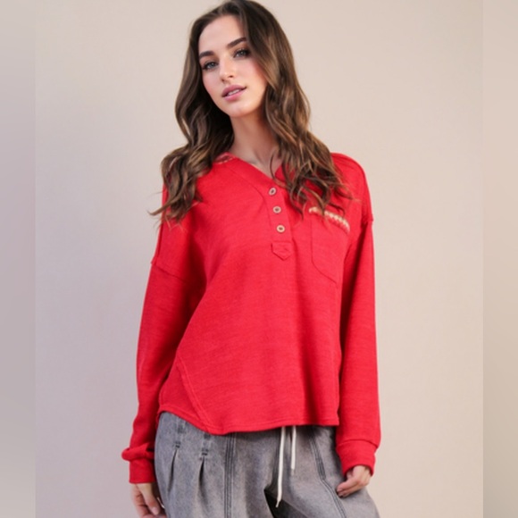 Red Button-Up Sweater with Patterned Collar Hoodie  Plus Size NWT - Picture 1 of 5